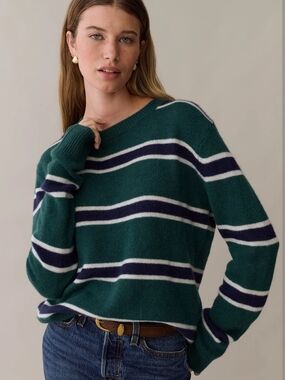 Few Moda Striped Cashmere Crewneck Sweater in Forest Green - Women's